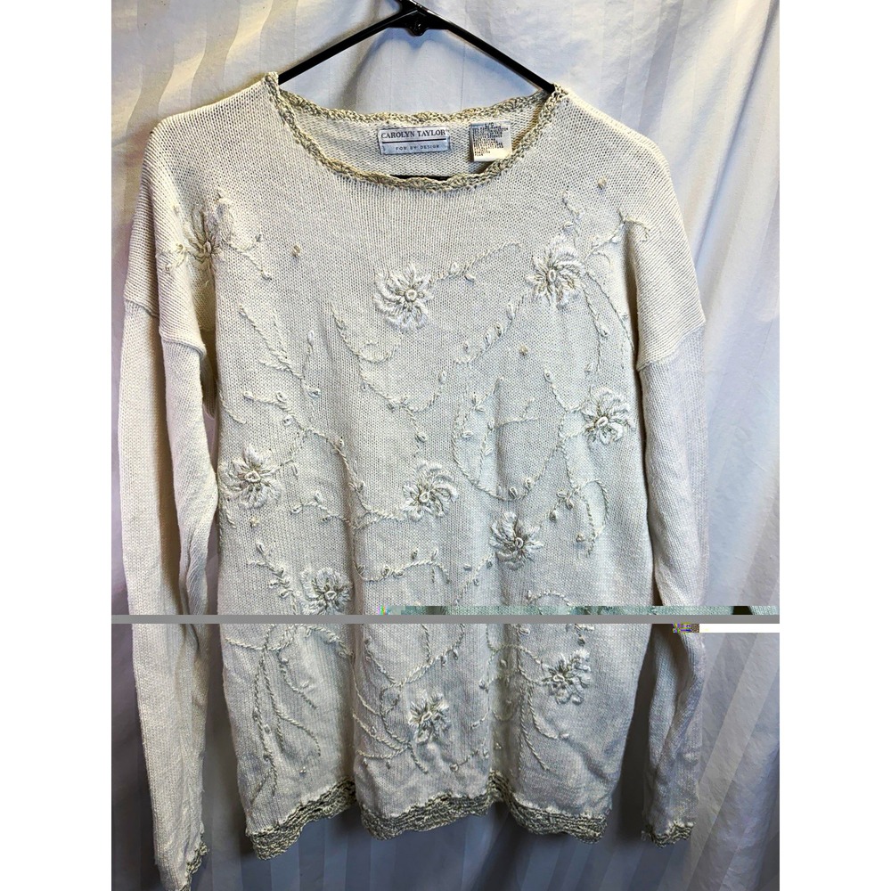 Carolyn Taylor Ivory Knit Ramie Cotton Floral Embroidered Crew Neck Sweater